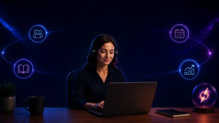 Online English teacher wearing headphones while using an organized teaching system with connected tools for students, lessons, scheduling, and progress tracking.