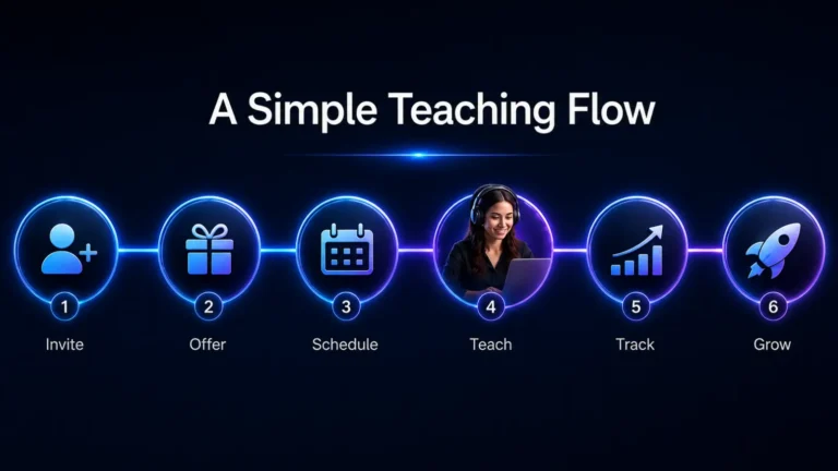 A simple visual flow showing how online teachers can invite students, offer lesson packages, schedule classes, teach live, track progress, and grow their teaching business.